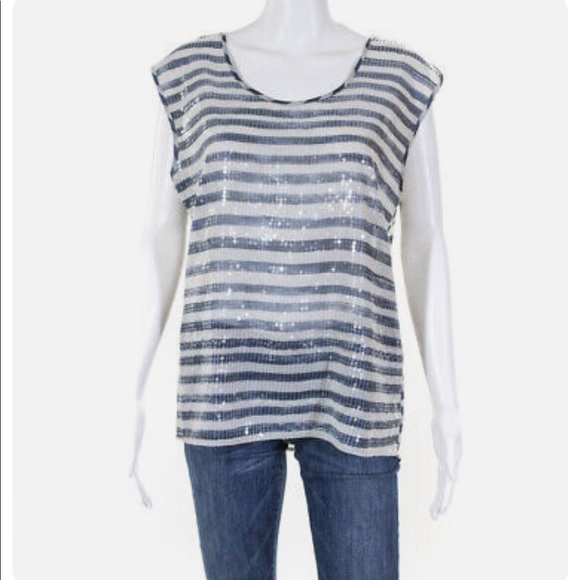 DKNY Sequins Scoop Neck Sleeveless Striped Tank Seethrough - Picture 3 of 8